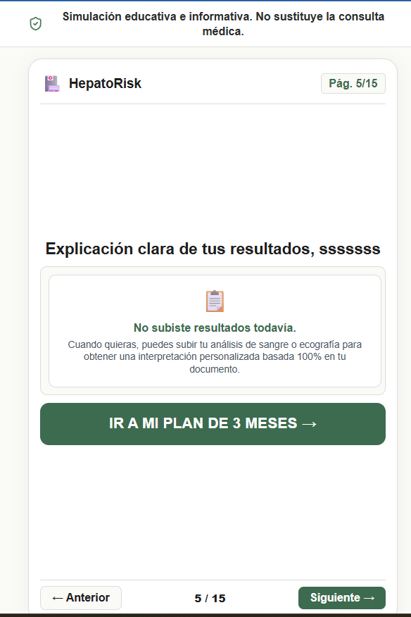 Captura de HepatoRisk: Explicación educativa de resultados
