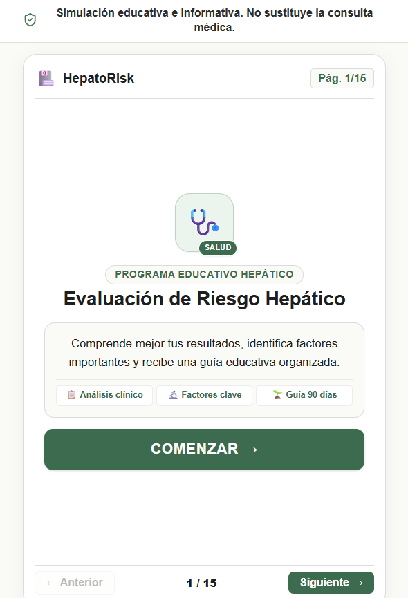 Pantalla de bienvenida de HepatoRisk con evaluación de riesgo hepático