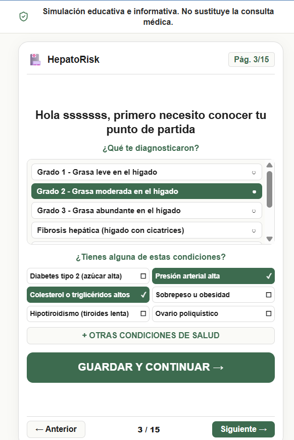 Captura de HepatoRisk: Situación hepática y condiciones