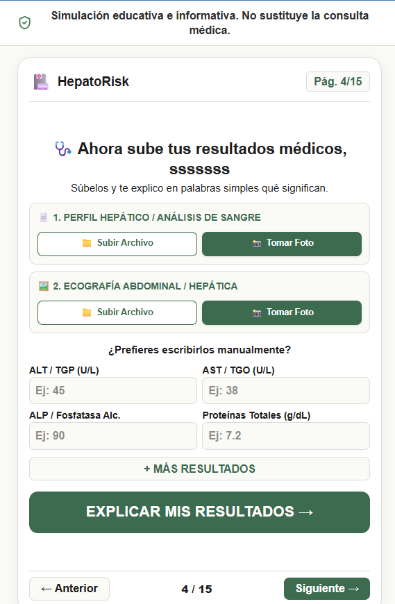 Captura de HepatoRisk: Carga de perfil hepático y ecografía