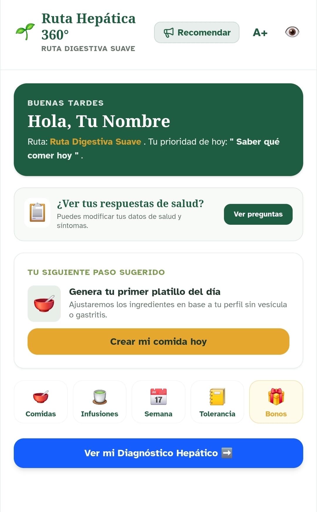 Panel principal de Ruta Hepática 360° con el siguiente paso sugerido