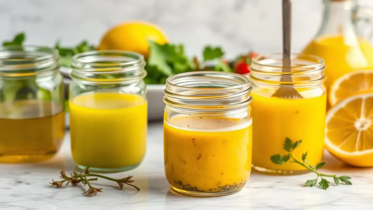 Frascos de vidrio con aderezos caseros, limón, aceite y hierbas sobre mármol