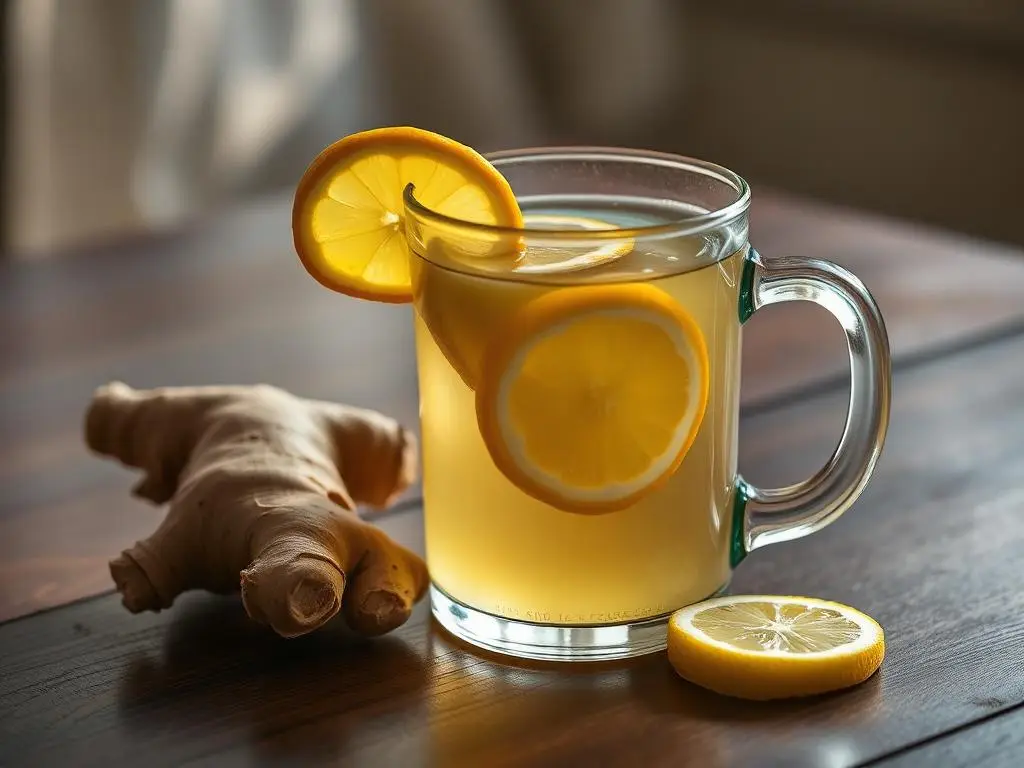 Taza de vidrio con agua de jengibre y rodajas de limón