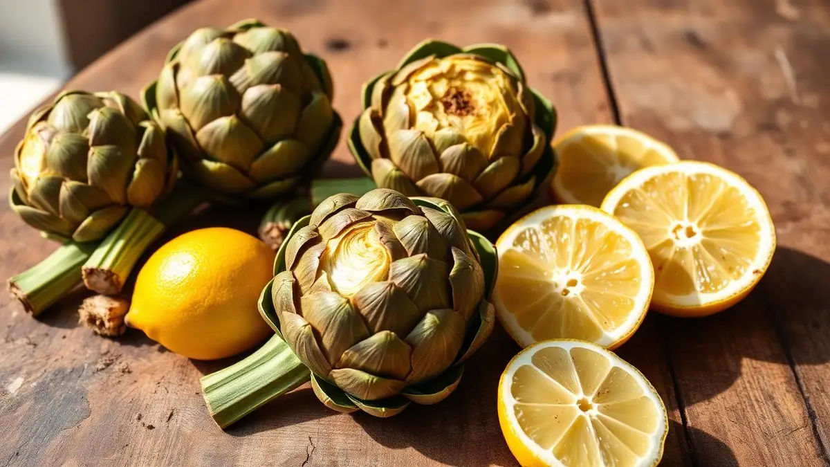 Alcachofas frescas con tallo y limones partidos sobre mesa de madera