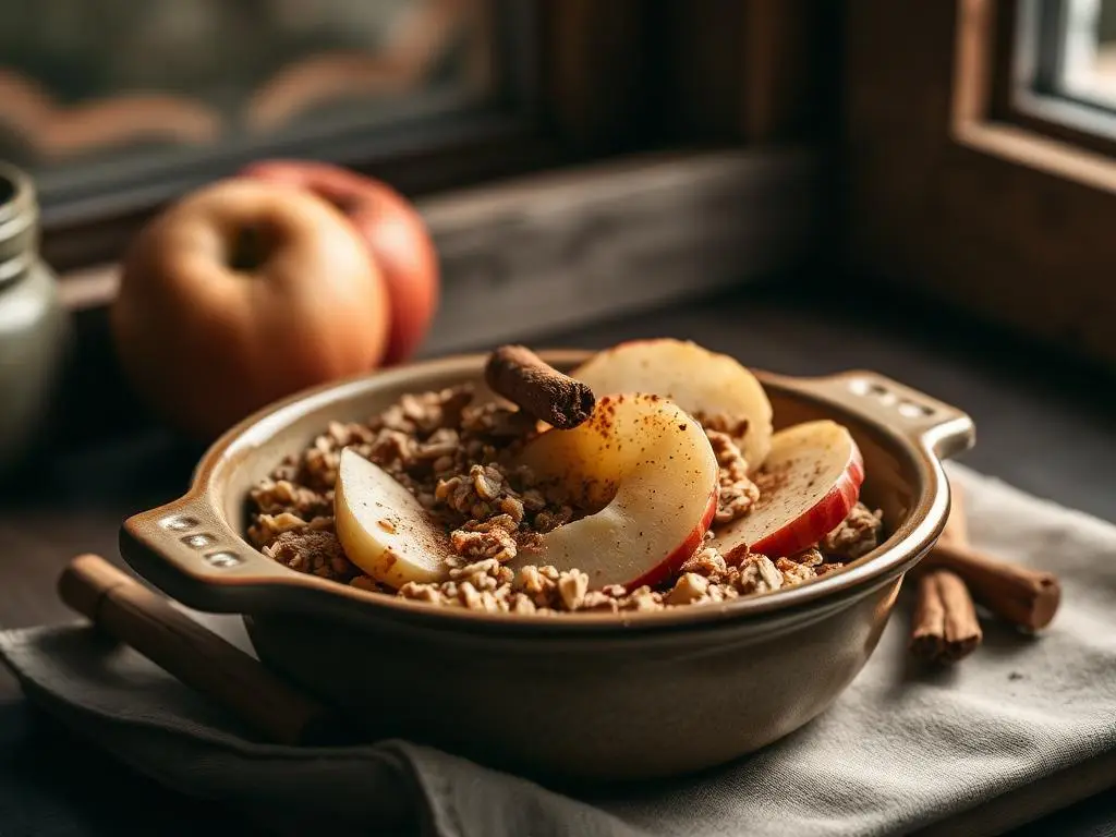 Avena horneada con láminas de manzana y canela en una fuente de cerámica