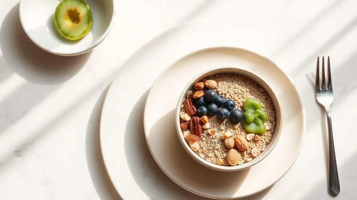 Cuencos con distintos cereales y semillas para el desayuno sobre mantel de lino