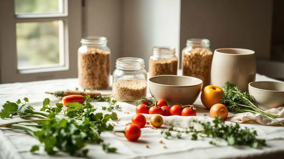Mesa con vegetales de temporada, hierbas frescas y frascos de granos