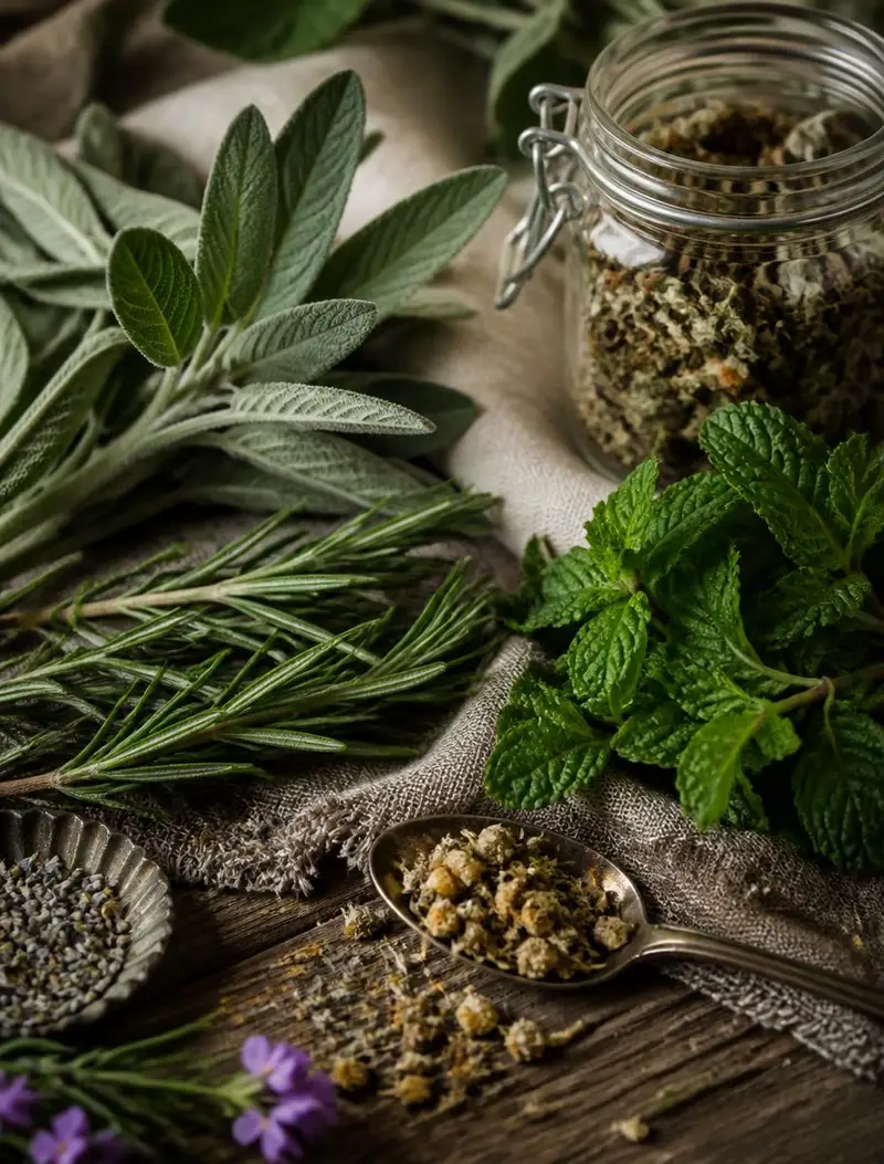 Hierbas frescas y flores secas junto a un frasco de infusión