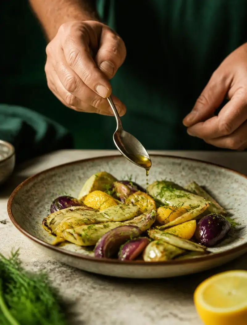 Manos terminando un plato de verduras de temporada con aceite de oliva