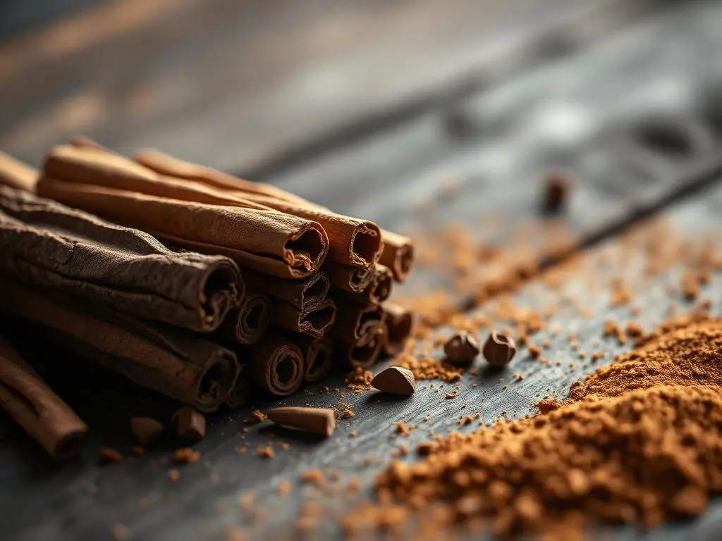 Ramas de canela en rama y canela molida sobre madera oscura