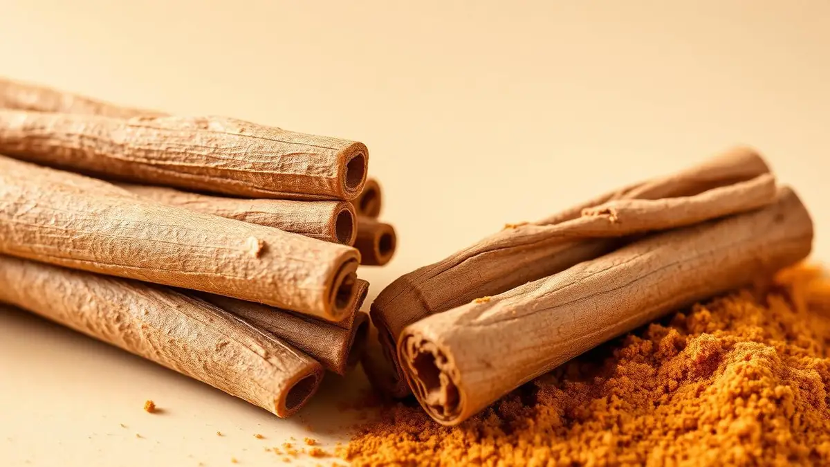 Ramas de canela de Ceilán y de cassia junto a canela molida