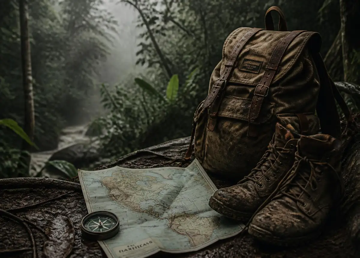 Mochila de viaje, mapa, brújula y botas junto a un sendero de selva húmeda