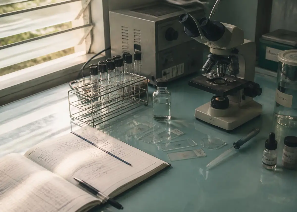 Mesa de laboratorio clínico con microscopio, tubos de ensayo y un cuaderno de anotaciones