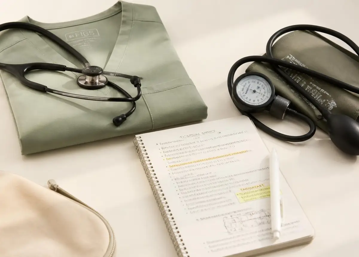 Uniforme sanitario doblado junto a un estetoscopio y un cuaderno de estudio