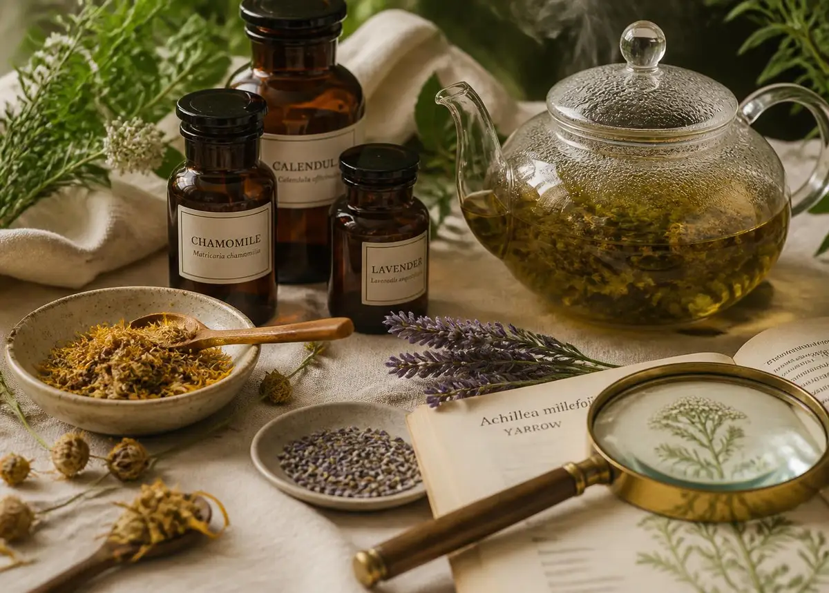 Hierbas medicinales, frascos etiquetados y una tetera de cristal con infusión sobre lino crema