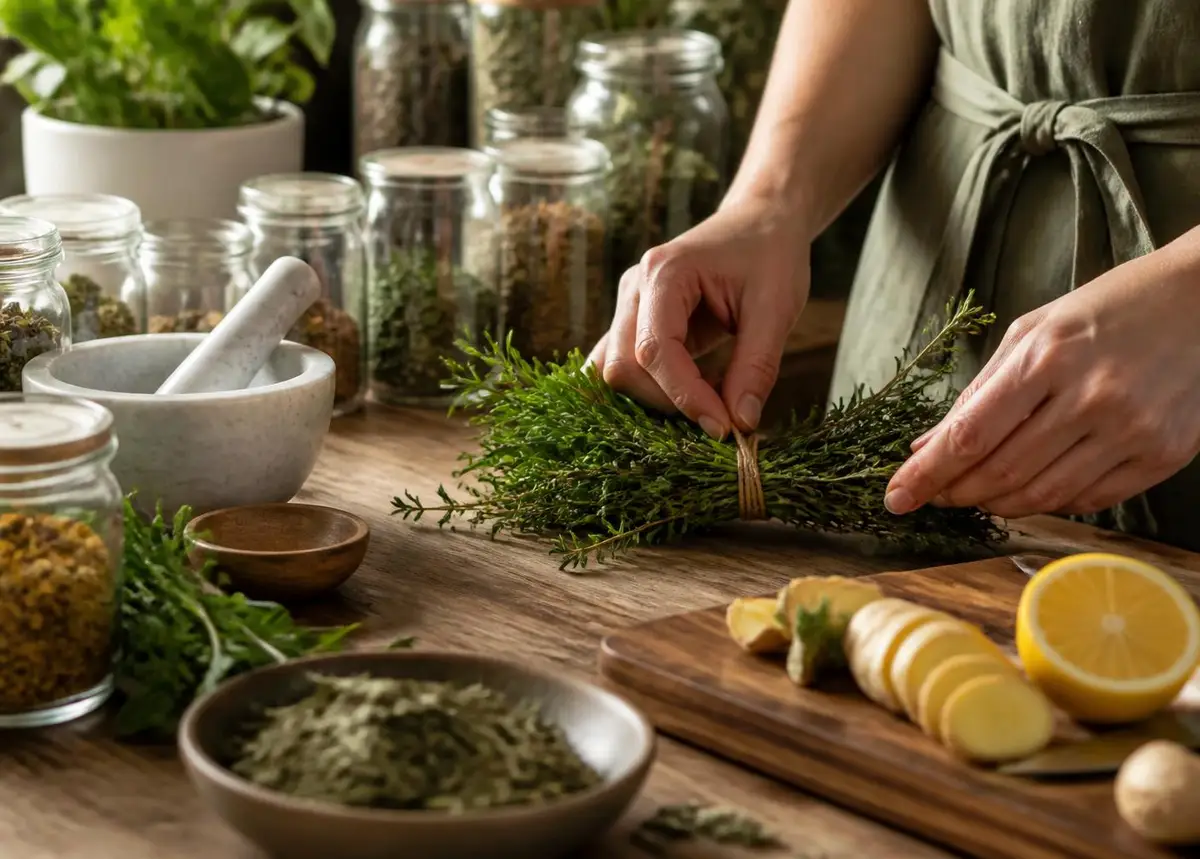 Manos atando un manojo de hierbas frescas en una cocina rodeada de frascos de botánicos