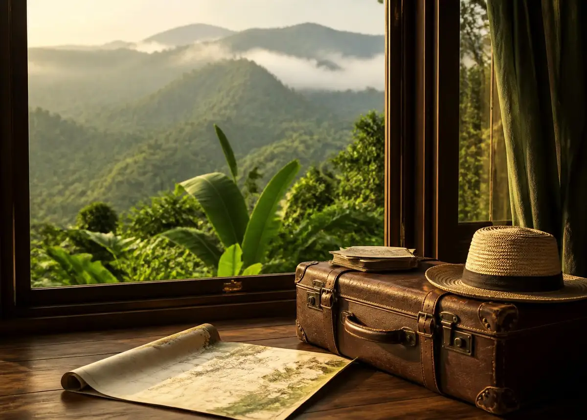 Maleta de viaje y mapa junto a una ventana con vista a montañas tropicales al amanecer