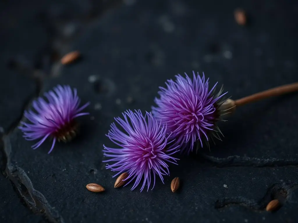 Flor púrpura de cardo mariano con semillas sobre piedra oscura