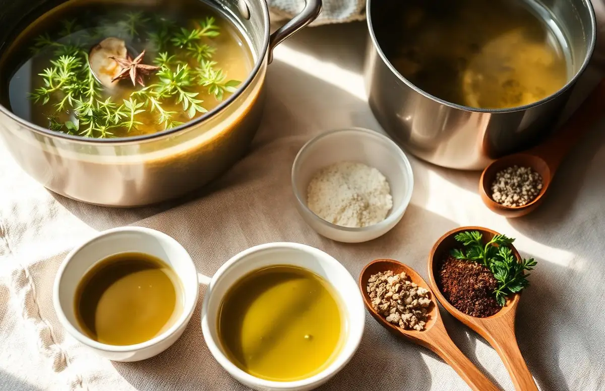 Caldo aromático con hierbas, aliños y especias sobre mantel de lino