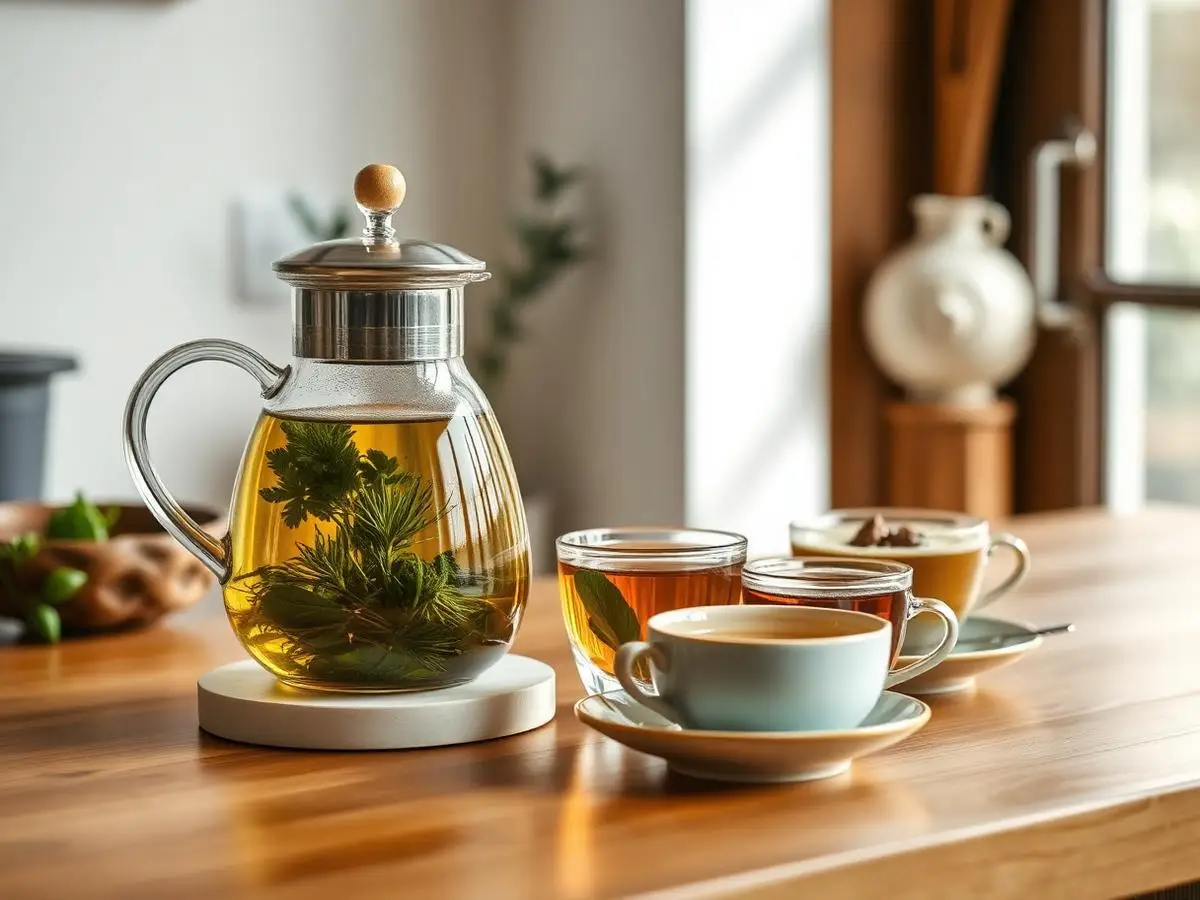 Tetera de vidrio con infusión de hierbas y tazas sobre una mesa de madera