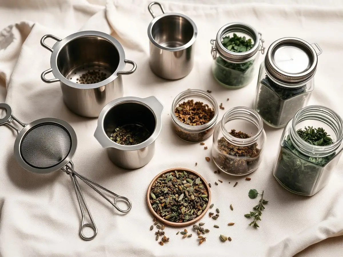 Infusores, coladores de acero y frascos de vidrio con hierbas secas sobre lino