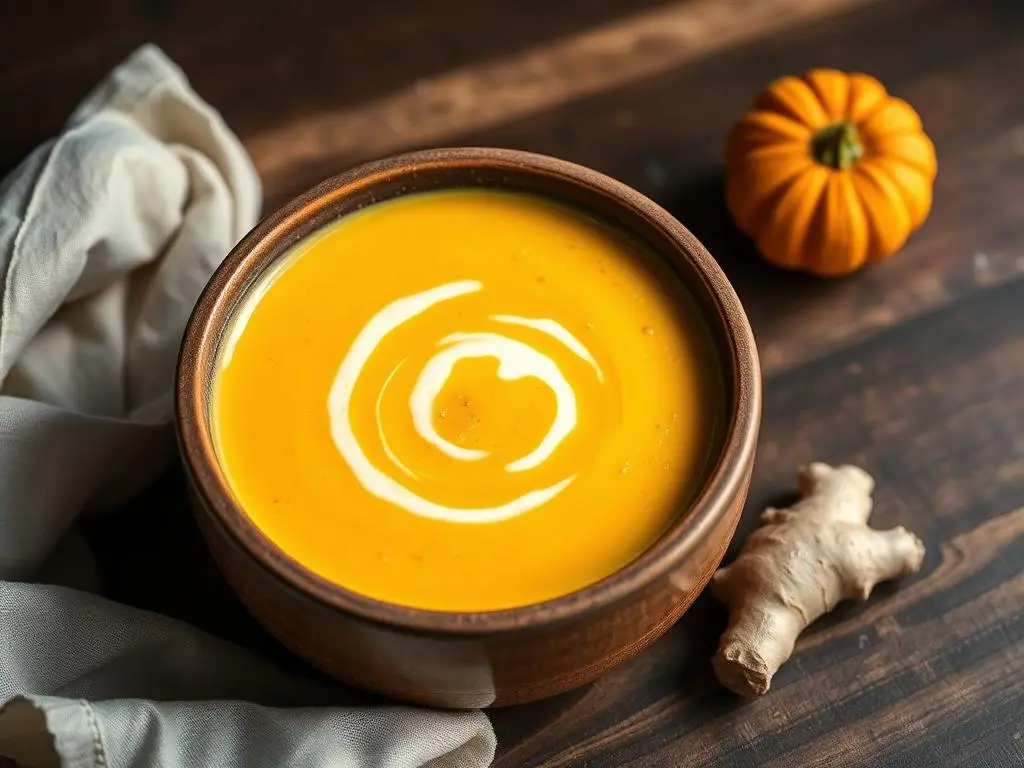 Crema de calabaza con un hilo de aceite de oliva en un bol de barro