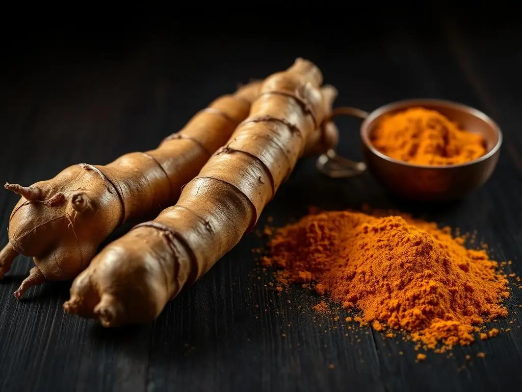 Rizomas de cúrcuma fresca y cúrcuma en polvo sobre madera oscura