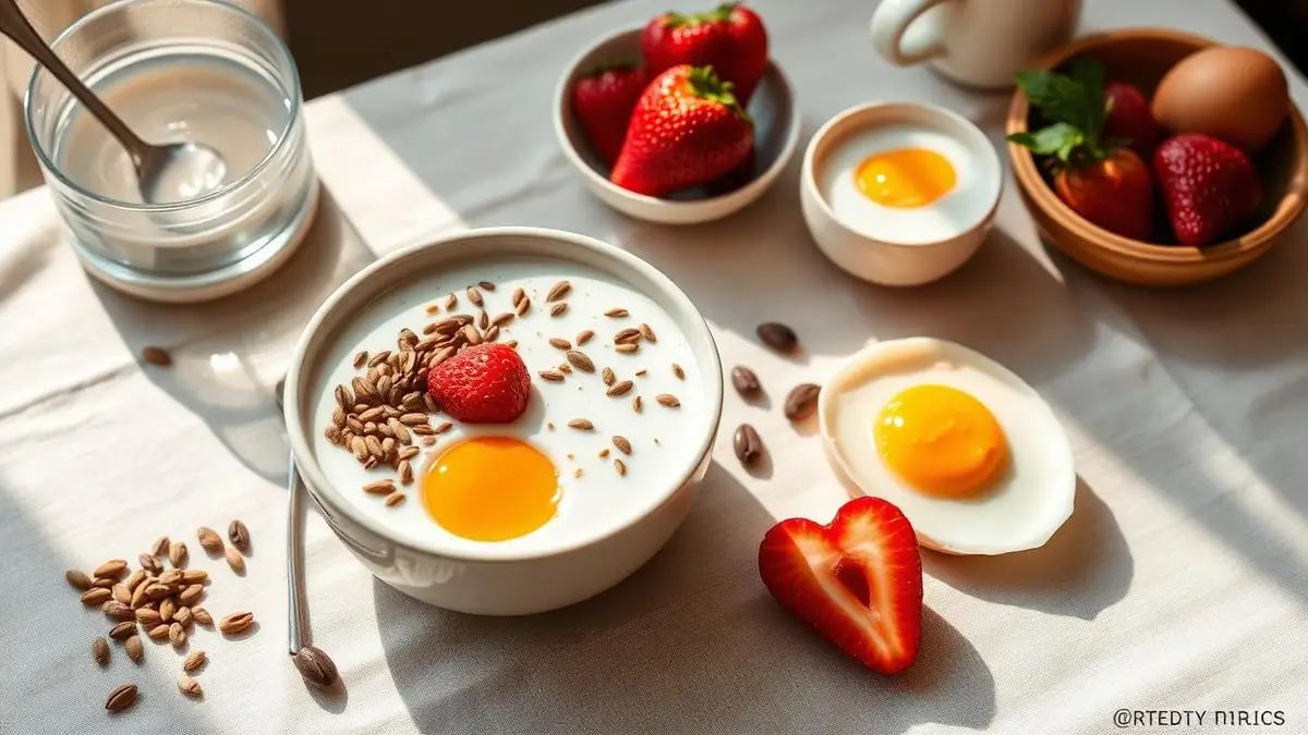 Mesa de desayuno con yogur, semillas, fruta y huevo con luz de mañana