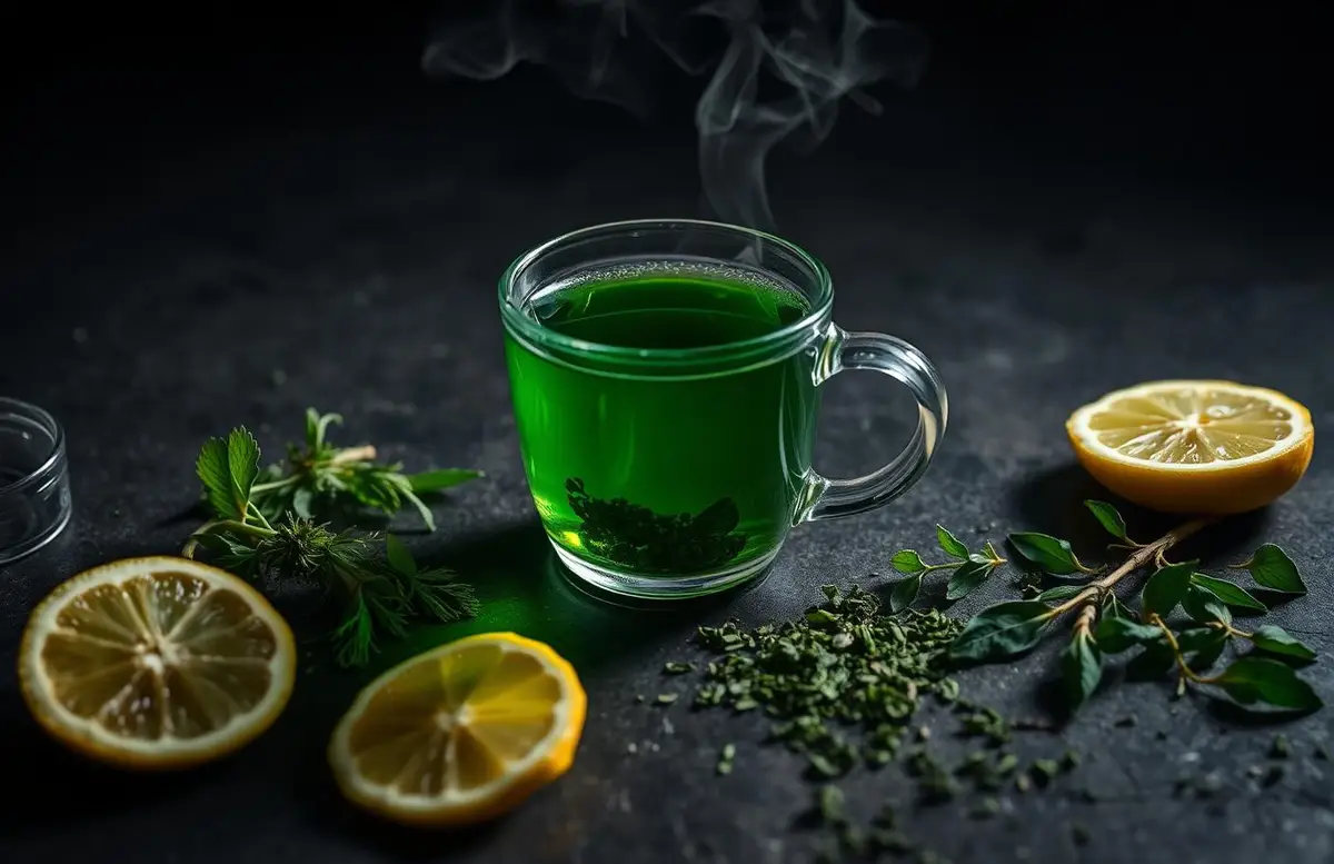 Taza de infusión verde con hierbas y limón sobre superficie oscura