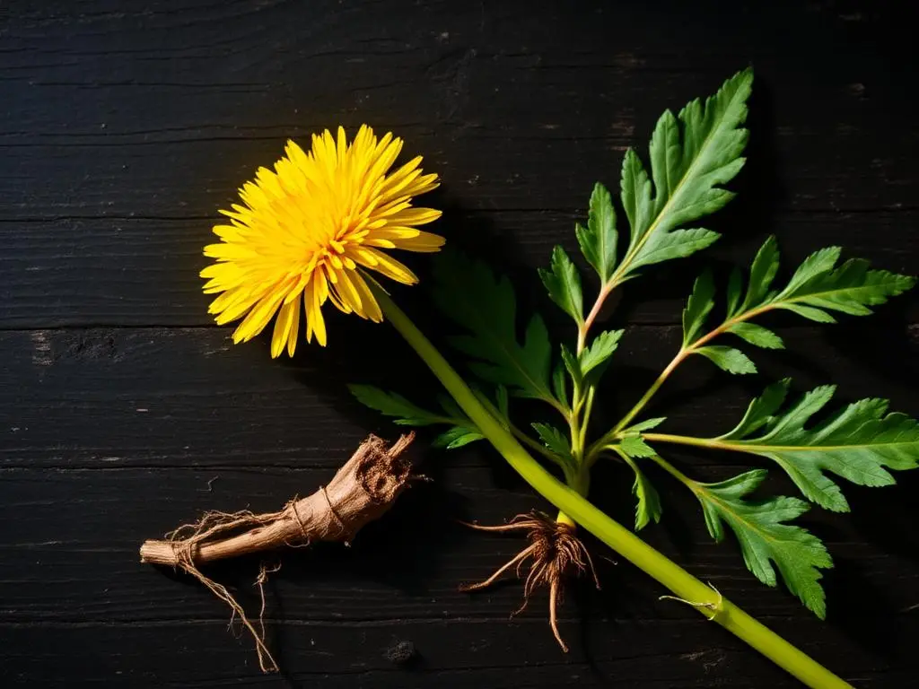 Planta de diente de león con flor amarilla, hojas y raíz