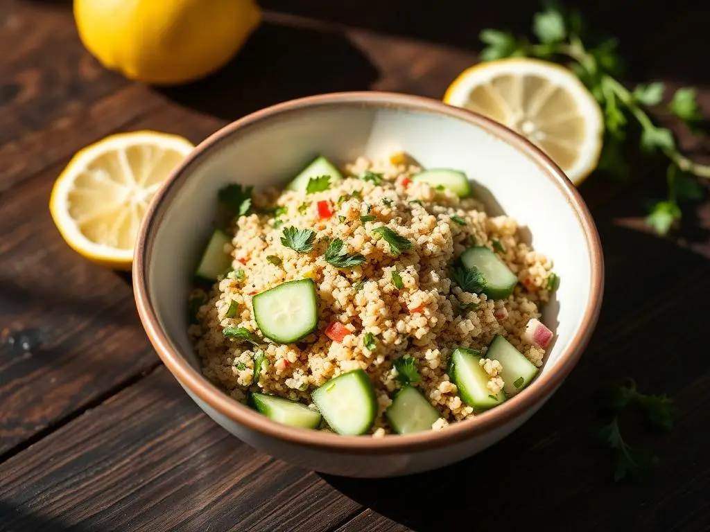 Ensalada de quinoa con pepino y hierbas frescas en un bol claro