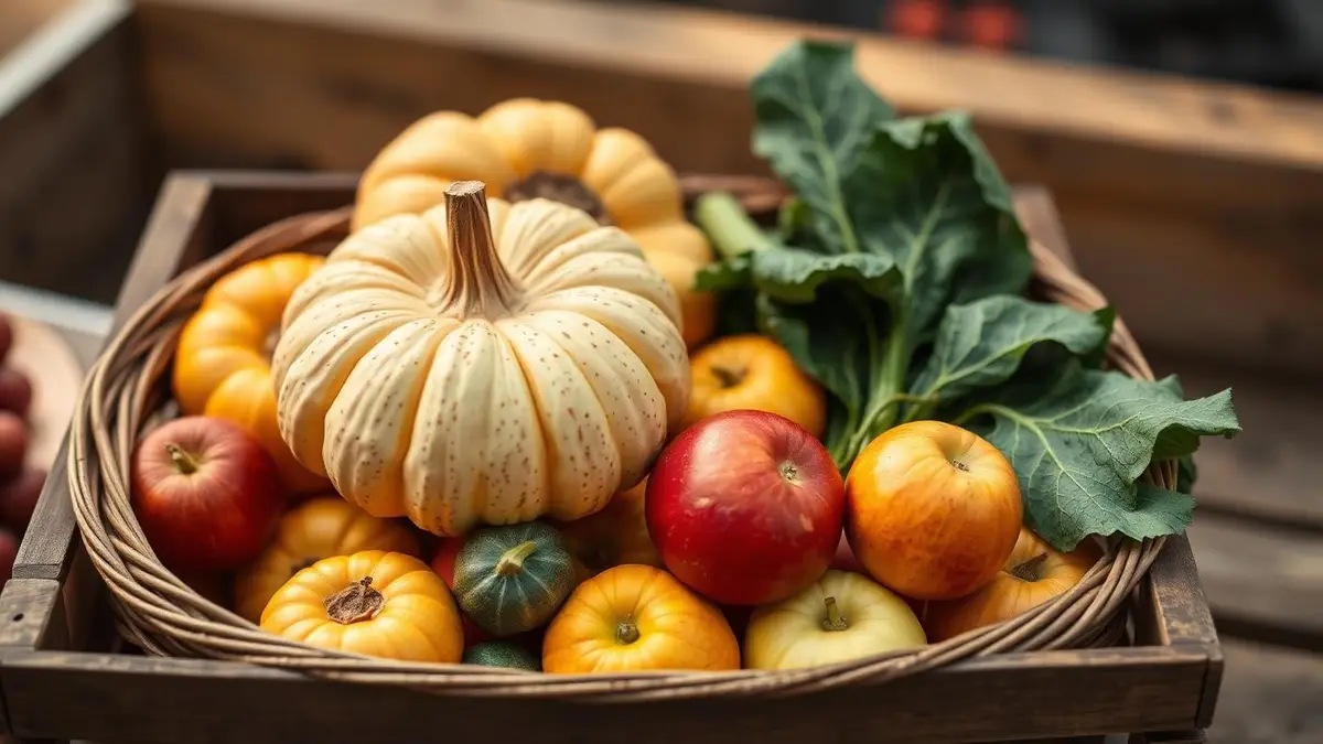 Cesta de mimbre con calabazas, manzanas y acelgas de temporada