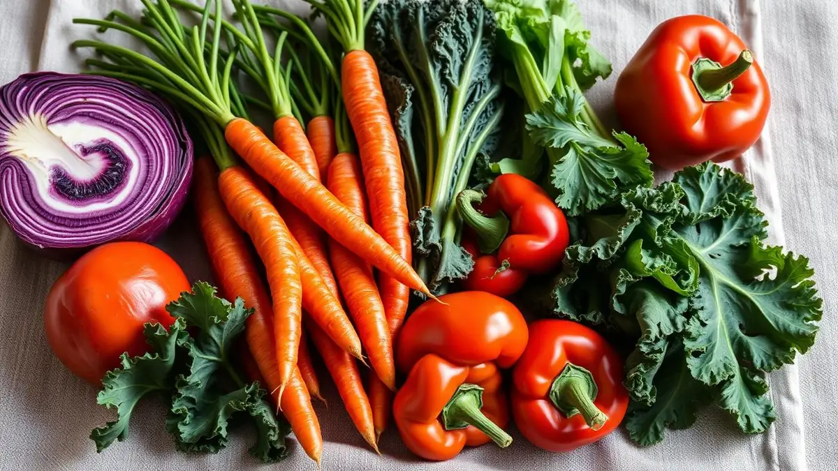Vegetales de distintos colores ordenados sobre un paño de lino