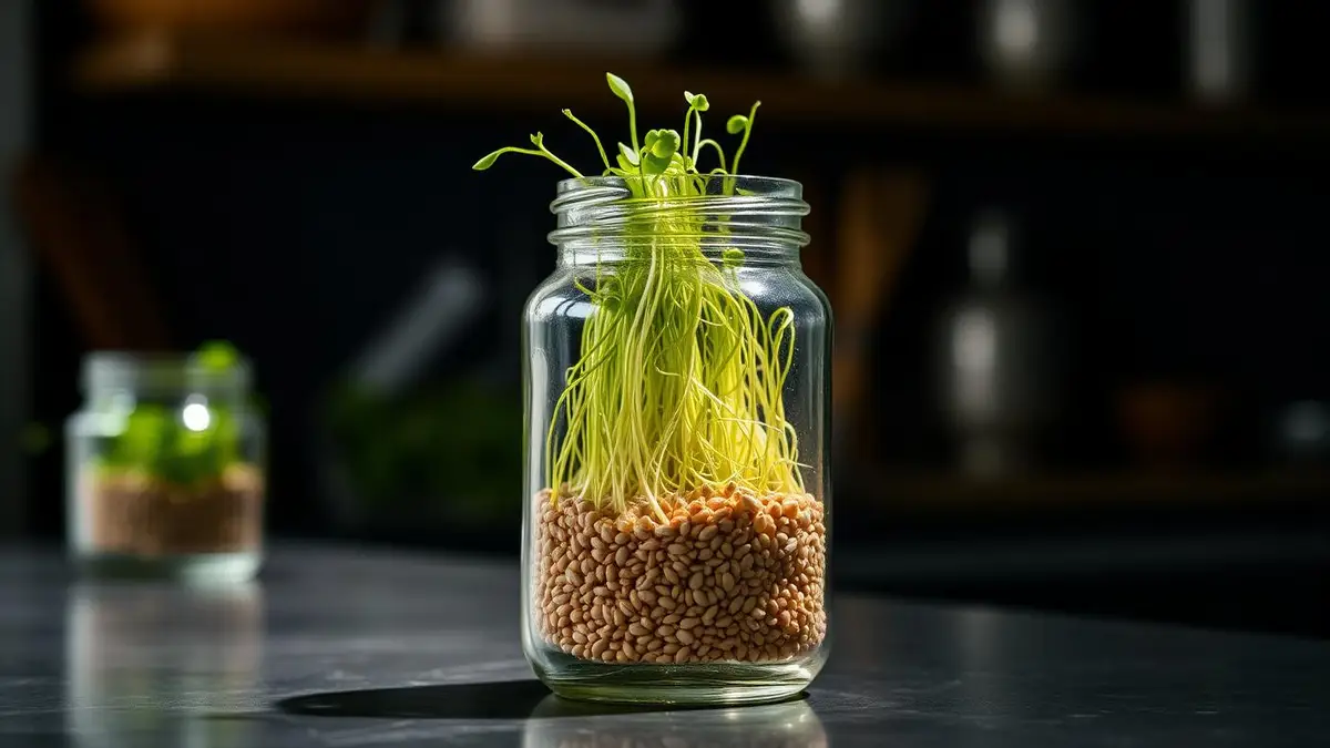 Frasco germinador de vidrio con brotes verdes sobre encimera