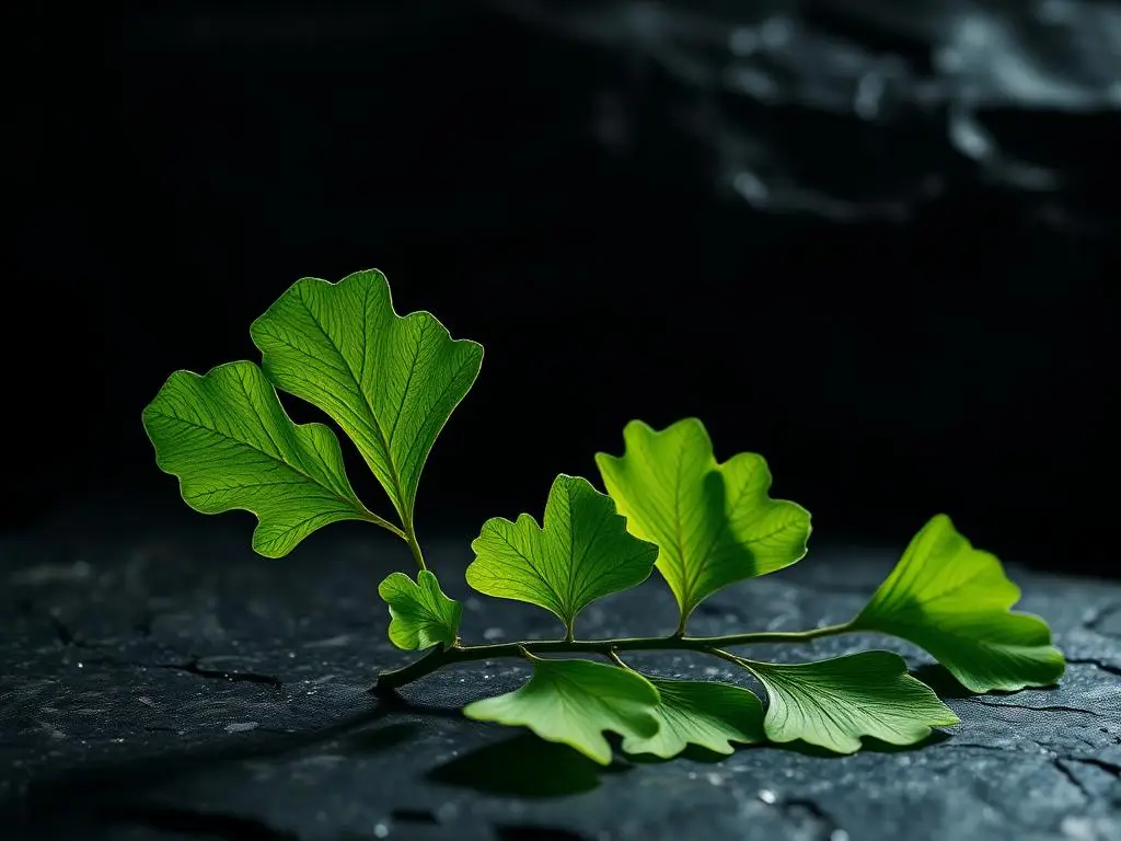 Hojas verdes en forma de abanico de ginkgo biloba sobre piedra oscura