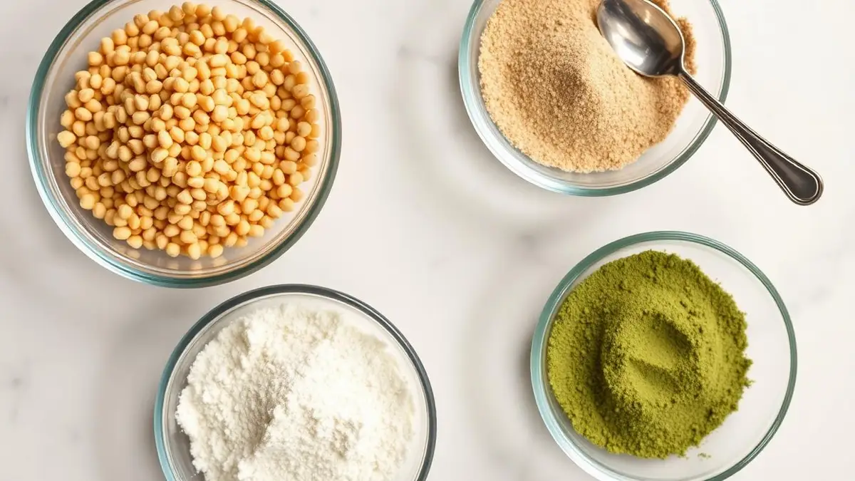 Cuencos de vidrio con harina de garbanzo, trigo sarraceno, almendra y matcha