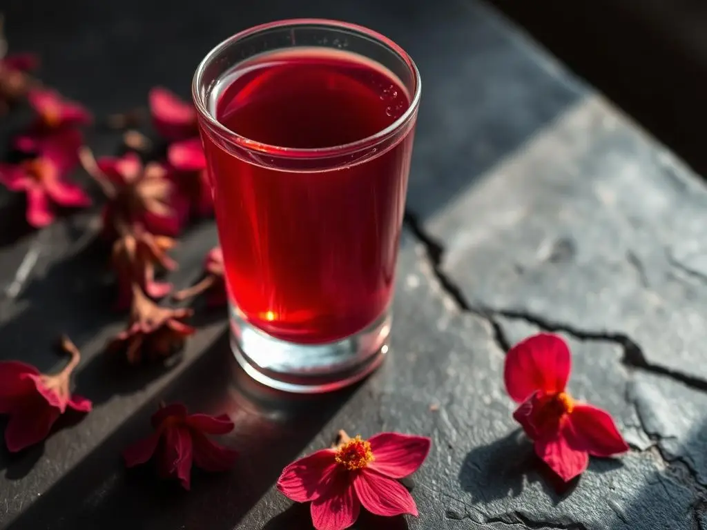 Cálices secos de hibisco junto a un vaso de infusión roja
