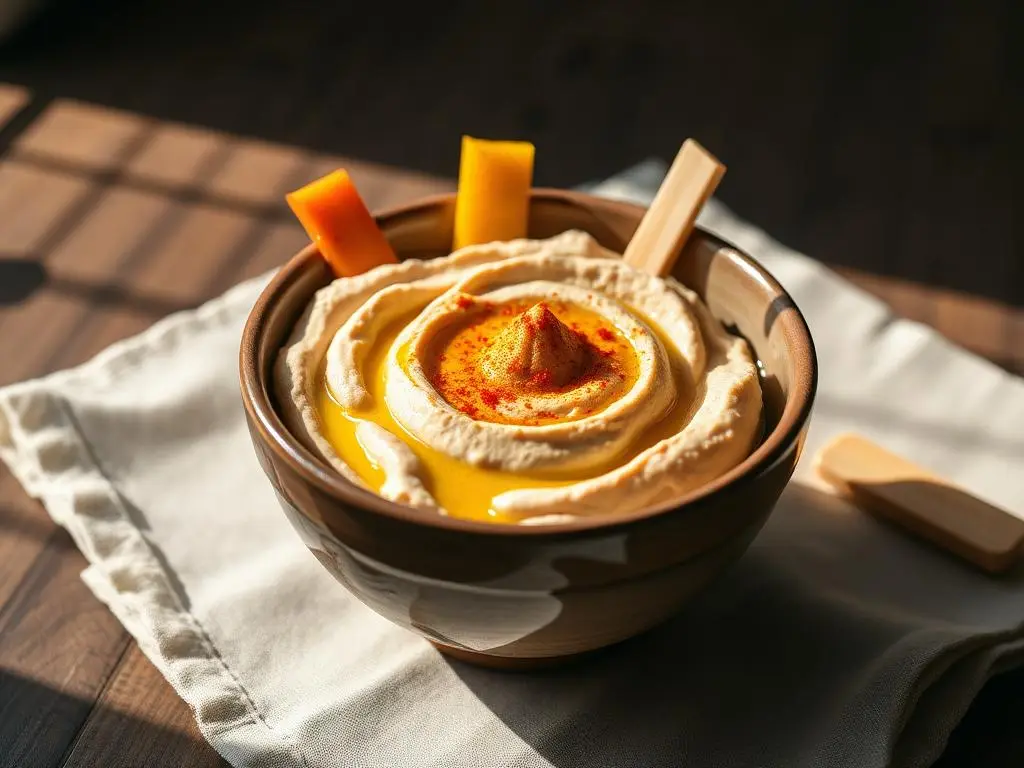 Hummus de garbanzos con aceite de oliva, pimentón y bastones de verdura