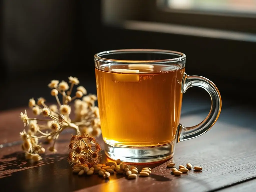 Taza de vidrio con infusión de manzanilla e hinojo junto a flores secas