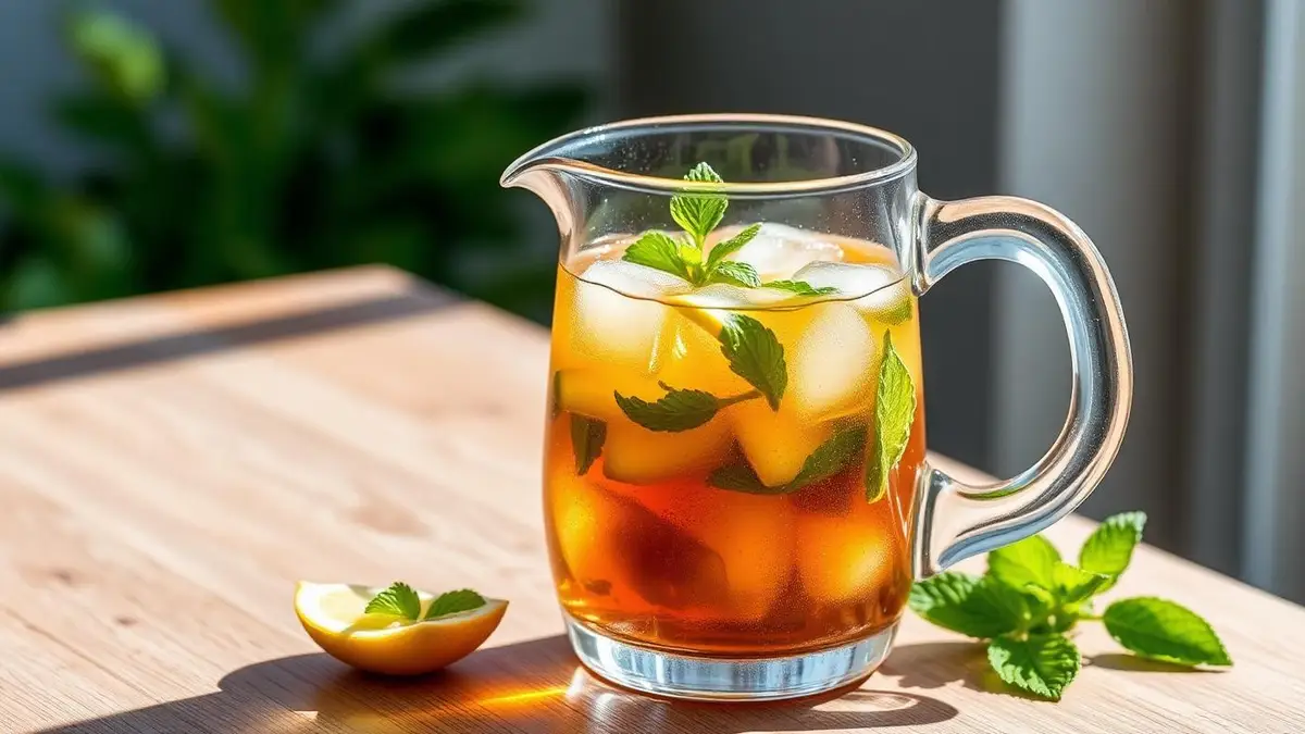 Jarra de cristal con infusión fría, menta y hielo