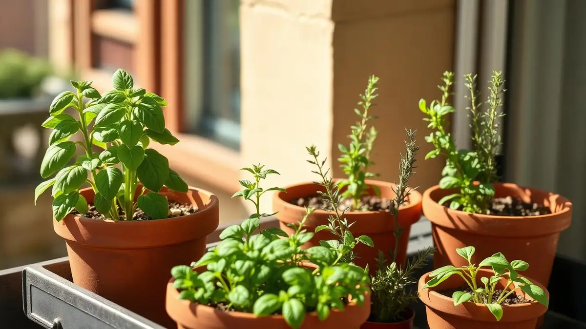Macetas de barro con albahaca, menta, tomillo y romero en un balcón soleado