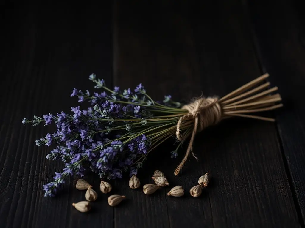 Ramo de lavanda seca atado con cordel sobre madera oscura