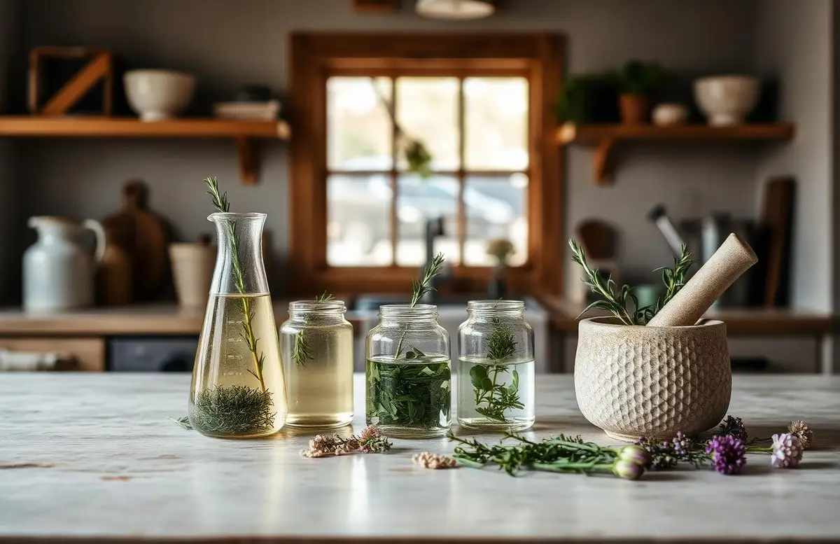 Encimera de cocina con frascos de infusión, hierbas frescas y mortero
