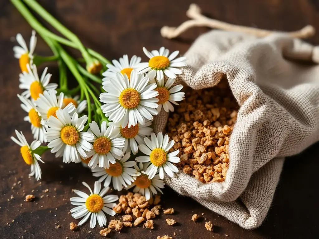 Flores frescas de manzanilla junto a manzanilla seca en una bolsa de lino