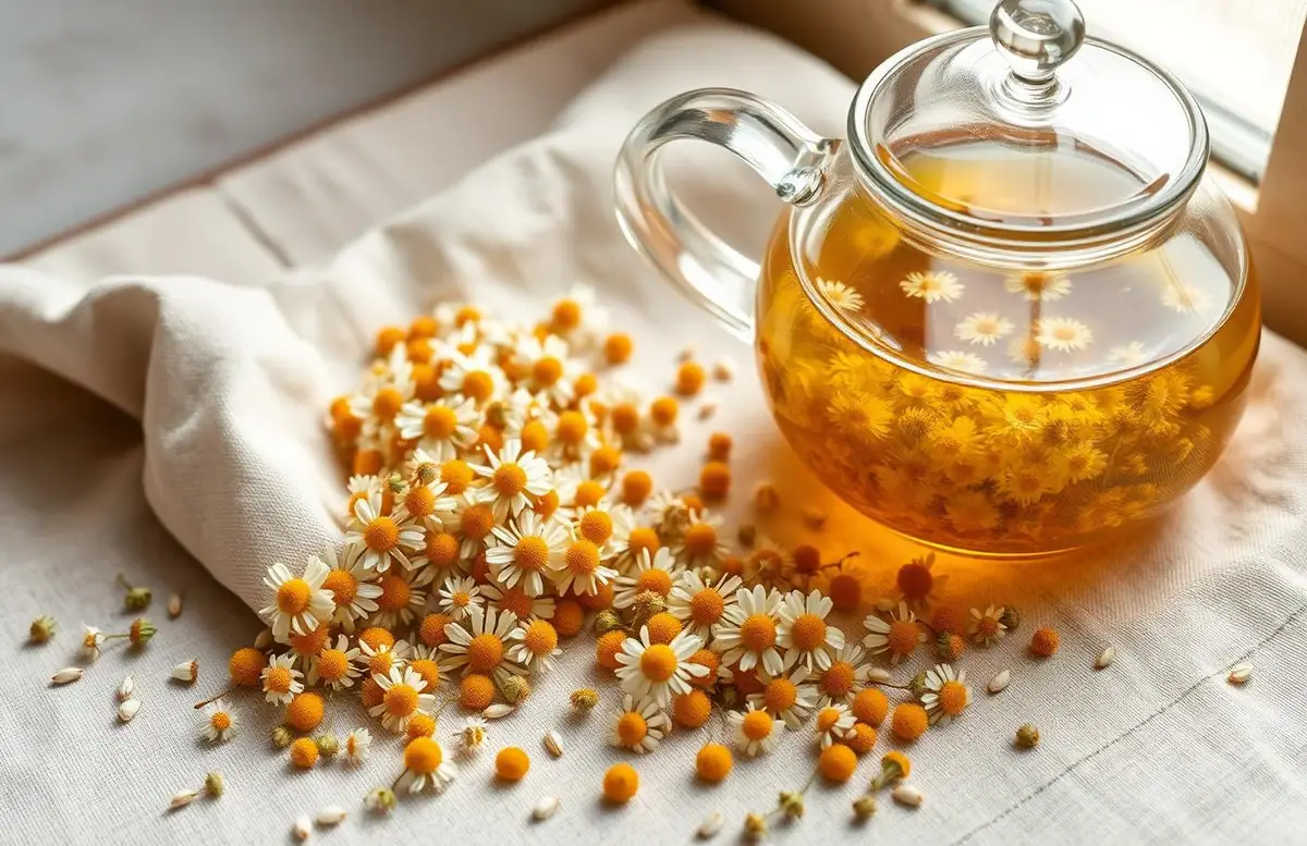 Flores de manzanilla secas junto a una tetera de cristal con infusión dorada