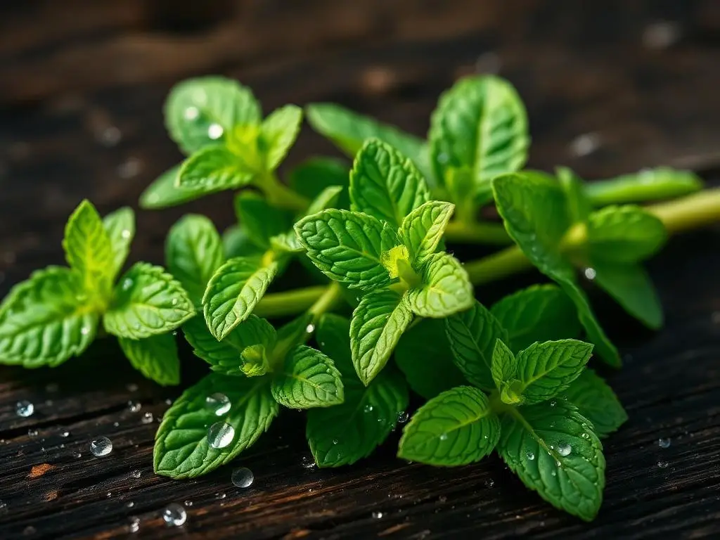 Ramas frescas de menta piperita con gotas de agua