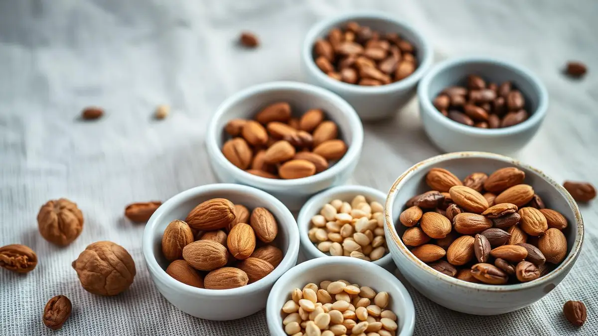 Cuencos de cerámica con nueces, almendras y semillas variadas