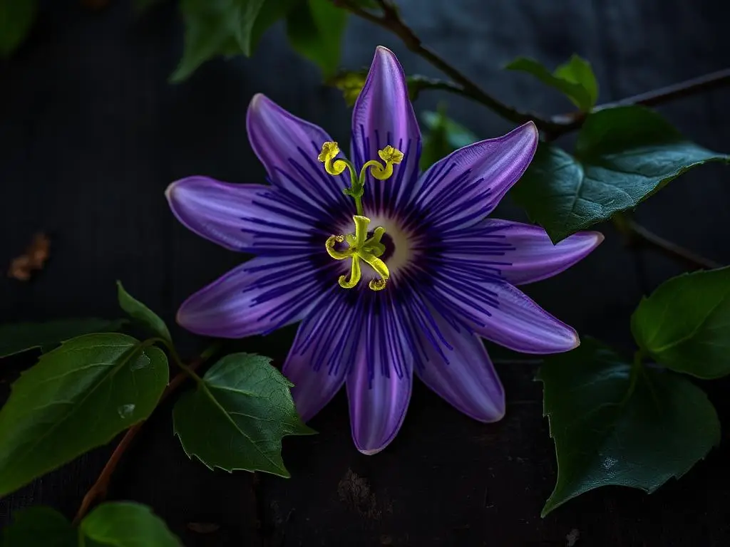 Flor de pasiflora morada con hojas verdes sobre fondo oscuro