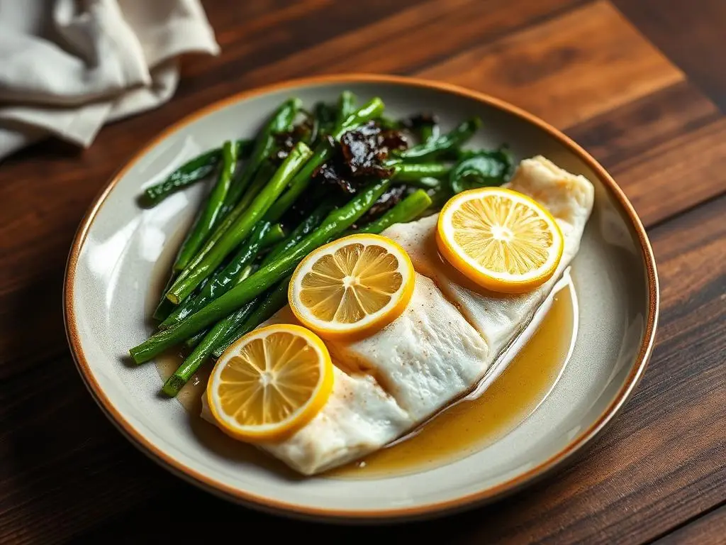 Filete de pescado blanco al vapor con rodajas de limón y judías verdes