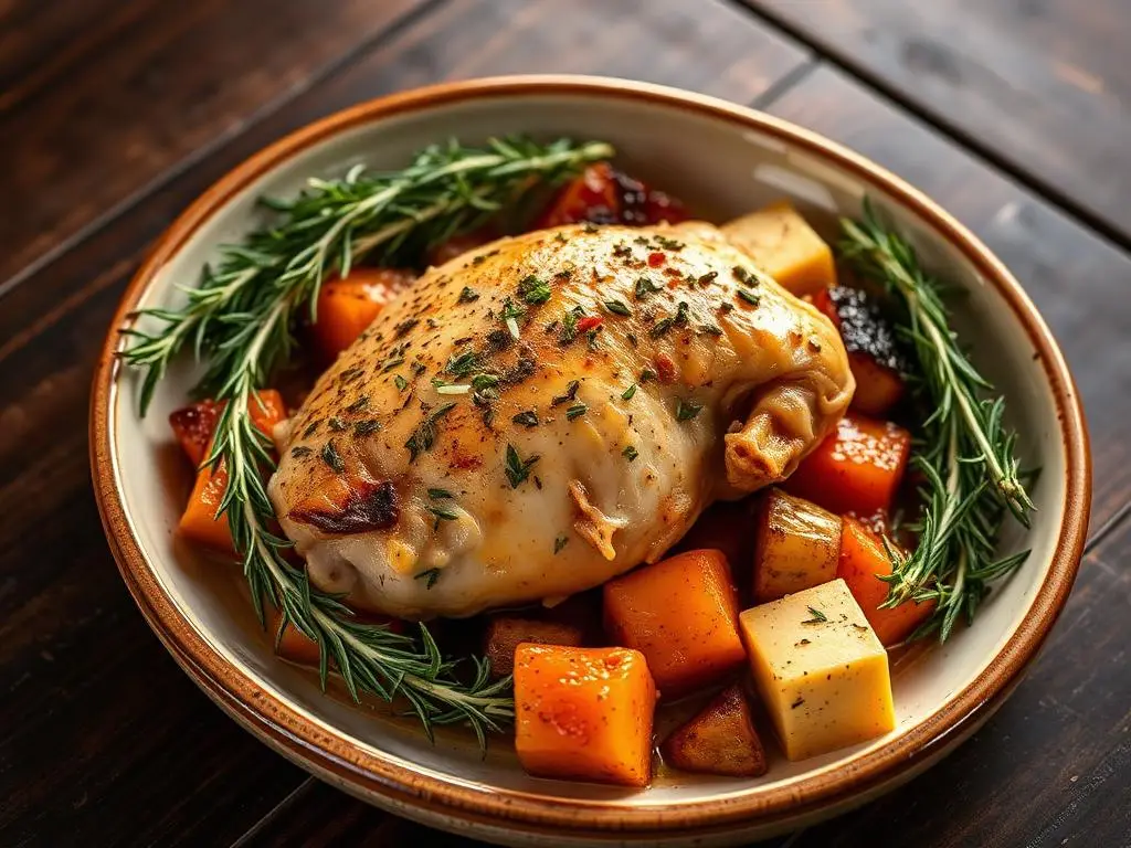 Pechuga de pollo al horno con romero y verduras asadas